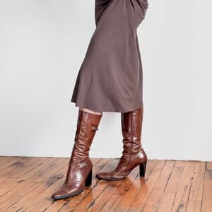 Vintage 90s GOOD YEAR Brown Leather Knee-High Heeled Boots